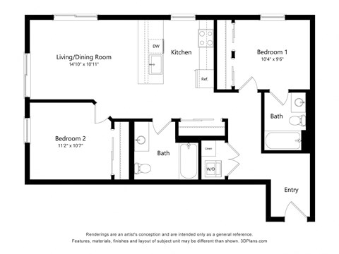 Floor plan for 2 beds, 2 baths, 942 sqft